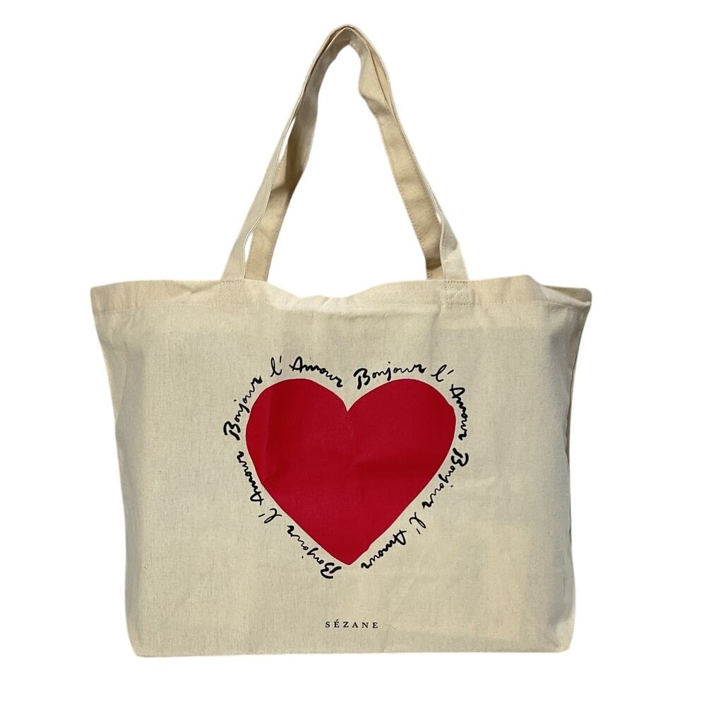 Sezane Graphic Ecru Bonjour L'amour Tote Bag